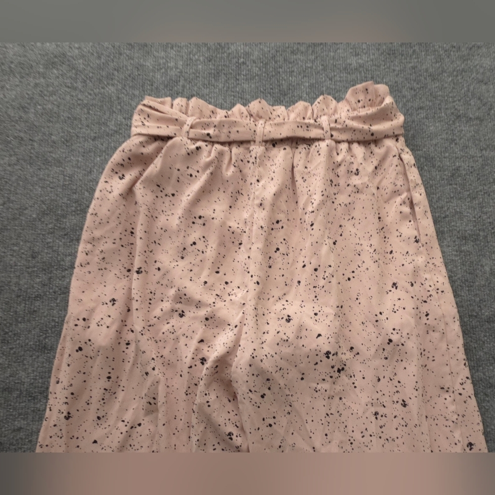ENTRO Soft Pink Black Splatter Print Wide Leg Paper Bag Belted Palazzo Pants - Picture 8 of 15